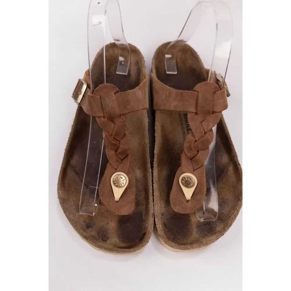 Birkenstock Gizeh Braided Oiled Leather Sandals Cognac Women's 38
